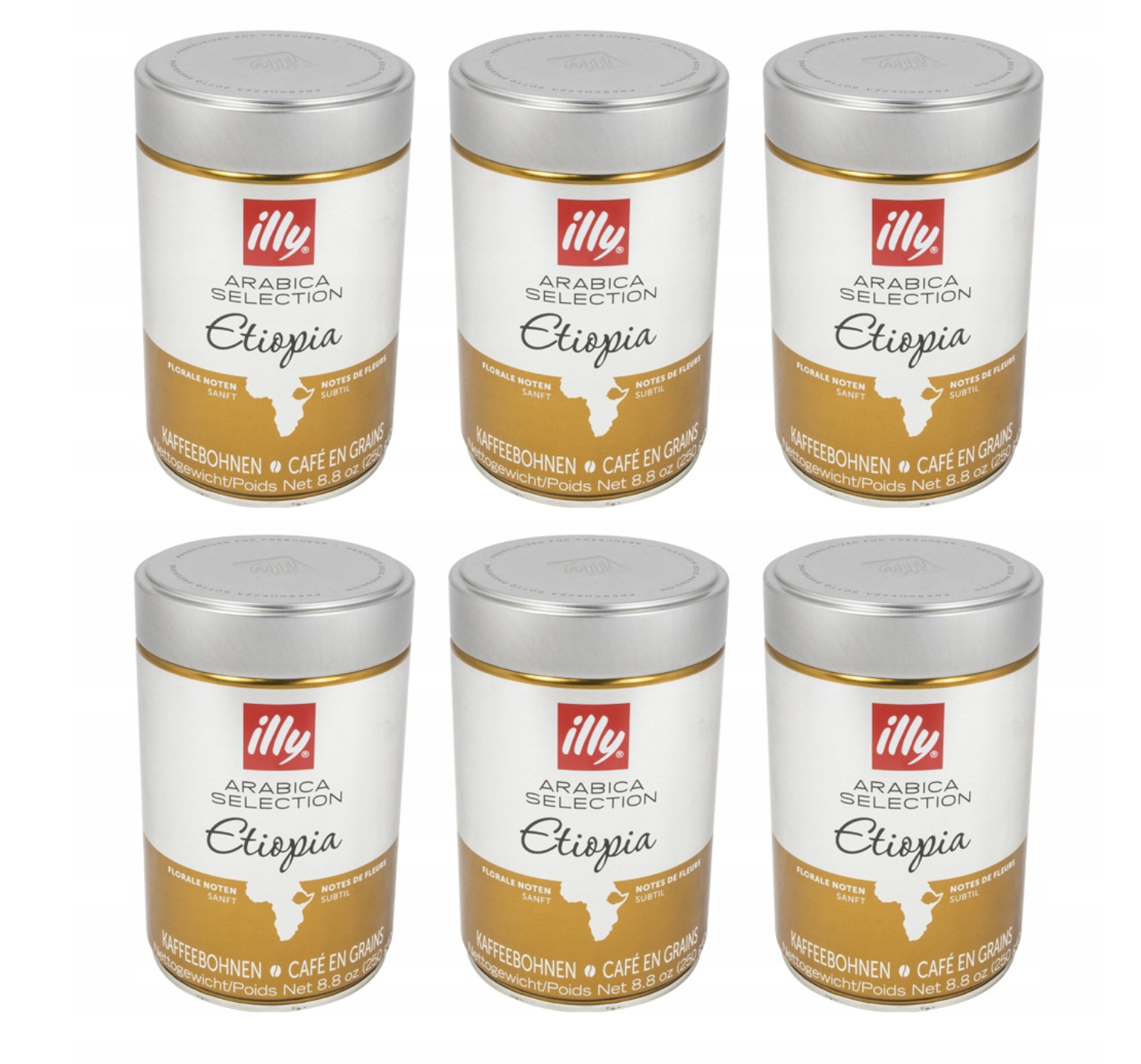 Illy Ethiopia, whole-bean coffee, 6 × 250 g