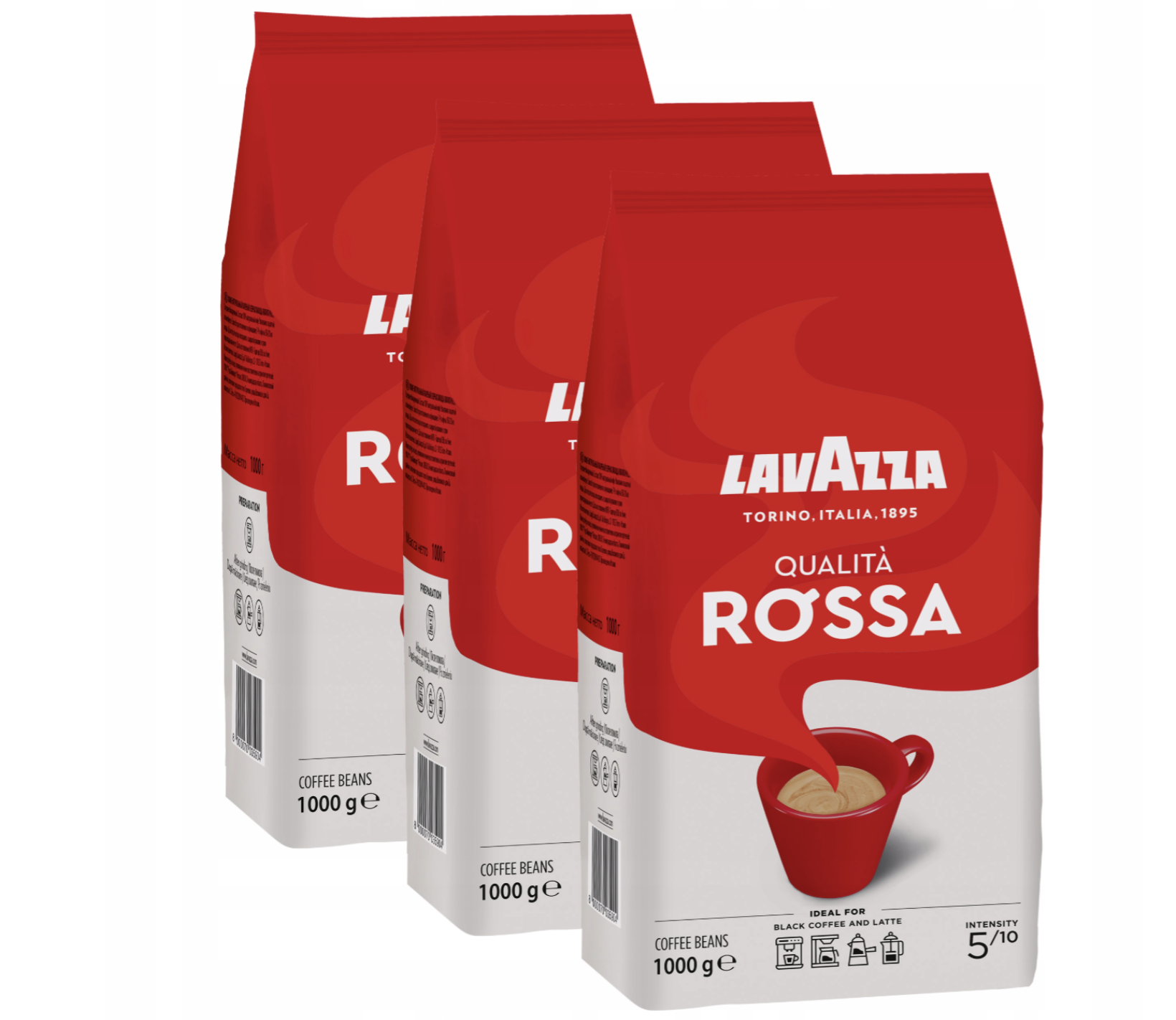 Lavazza Qualità Rossa, whole-bean coffee, 3 × 1 kg
